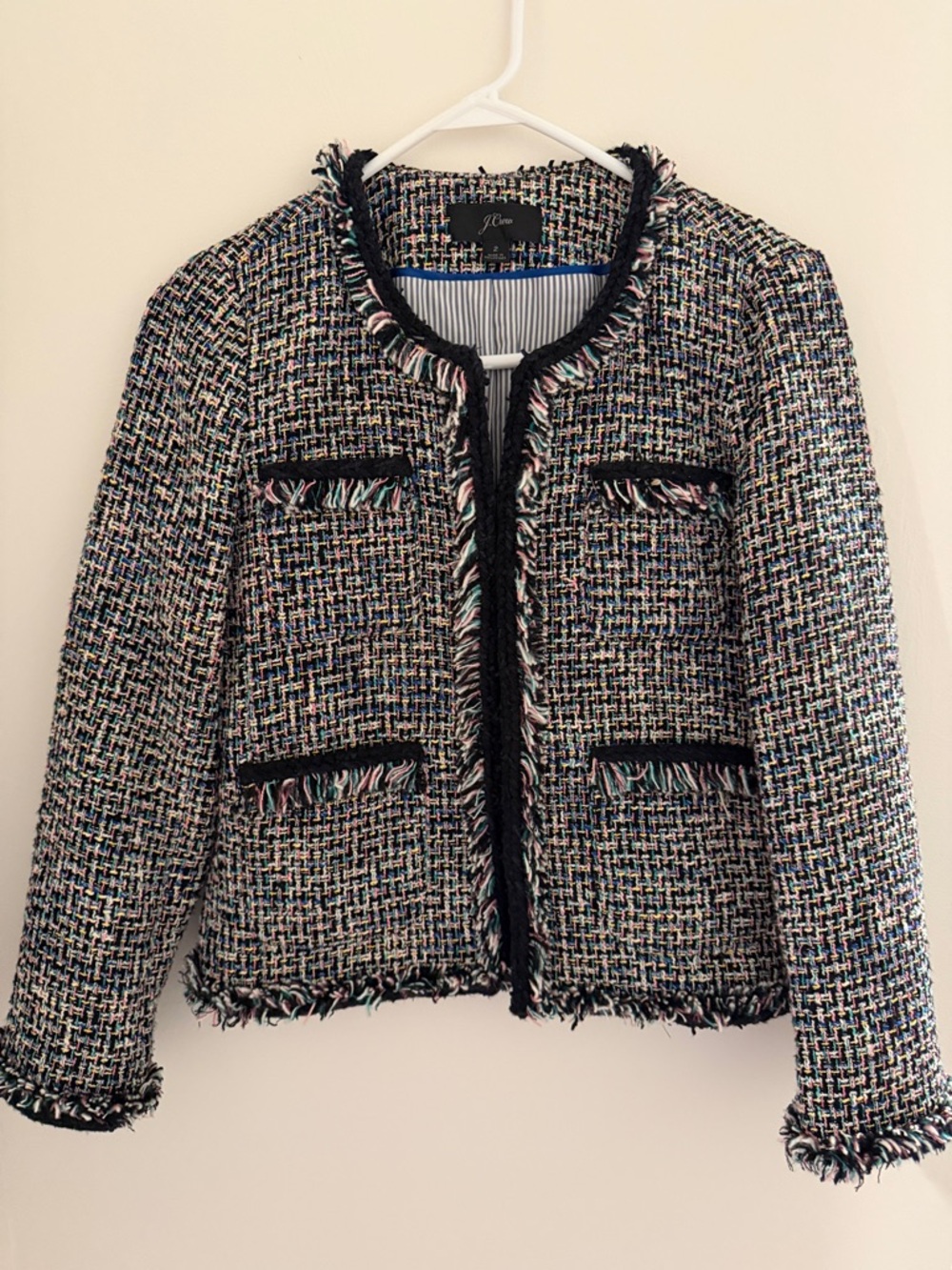 J. Crew Black & Multicolor Tweed Fringe-Trim Jacket 2